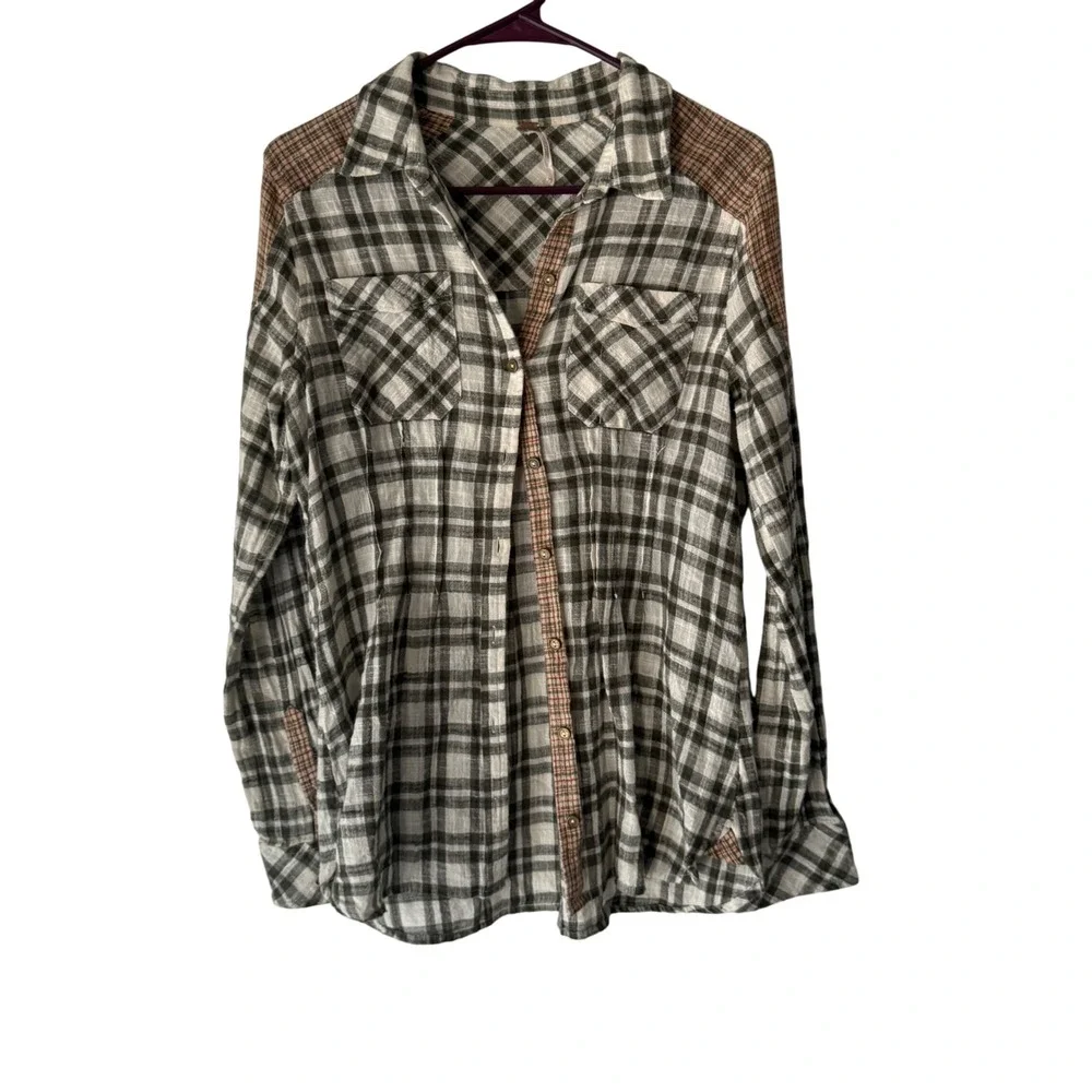 Free People‎ Womens Plaid Long Sleeve Button Shirt Olive Green Bohemian Cabin XS